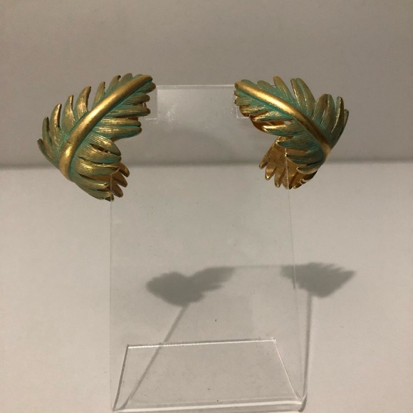 Vintage Givenchy Brushed Green & Goldtone Clip Earrings - Picture 1 of 5